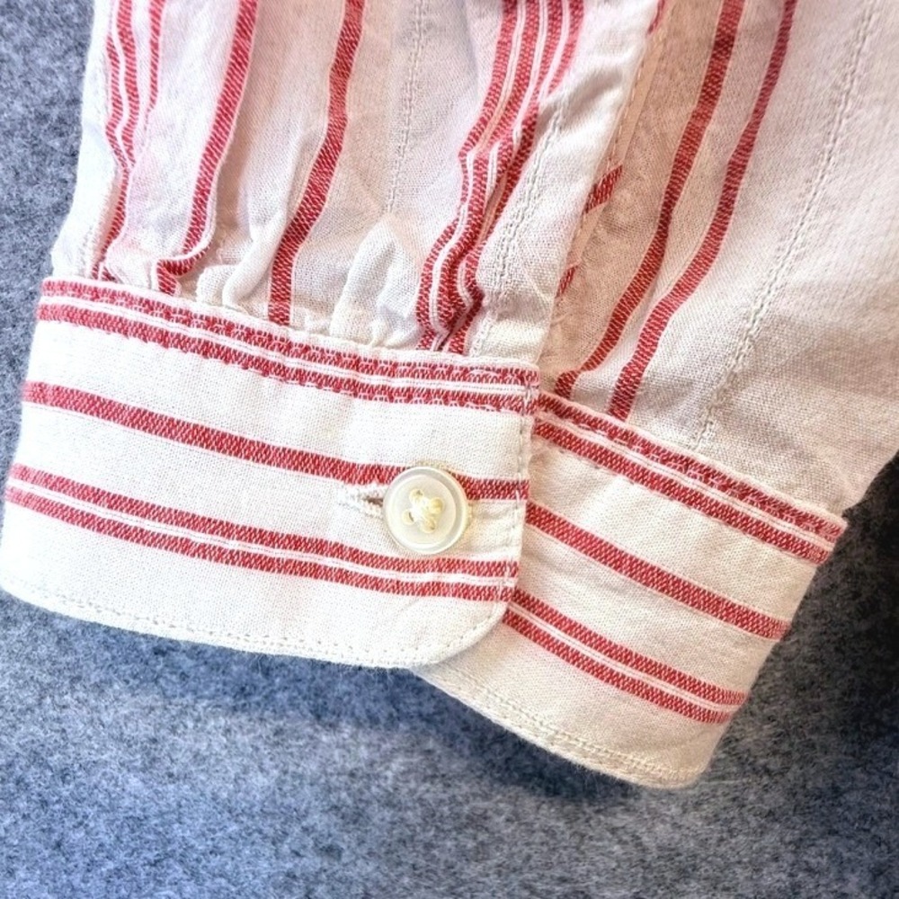 LOFT Red Ivory Striped Cotton Ruffle Tie Neck Puff Sleeve Blouse Peasant Small - Picture 8 of 8